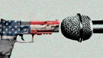 A gun colored by the American flag faces a microphone | Illustration: Eddie Marshall | Midjourney