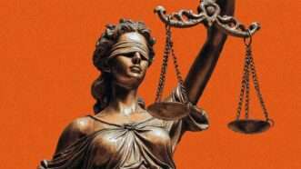 Lady Justice is seen against an orange background | Illustration: Eddie Marshall | Midjourney