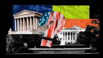 The Supreme Court and the U.S. Capitol, with an American flag-print question mark in between. | Illustration: Eddie Marshall | Midjourney