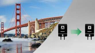 The Golden Gate Bridge on the left and two black boxes representing electrification with a green arrow in between on the right | Illustration: Eddie Marshall | Wikimedia Commons | Mitchell Luo | Unsplash