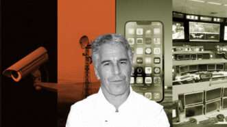 A black and white image of Jeffrey Epstein in the middle, orange and black tinted images of surveillance equipment on the left, and green tinted images of smartphones on the right | Illustration: Eddie Marshall | Palm Beach County Sheriff's Department | Bdingman | Prykhodov | Midjourney