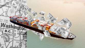 Illustration of dollars flowing from a cargo ship to Washington, DC | Illustration: Eddie Marshall | Kacpura | Zimmytws | Tawatchai Prakobkit | Dreamstime.com