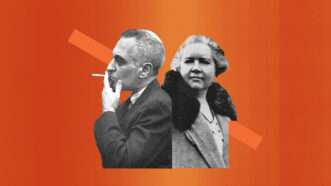 Profile-angle photo of Frank S. Meyer, facing left, smoking a cigarette, next to a separate forward-facing photo of Rose Wilder Lane, both in front of an orange background. | Illustration: Eddie Marshall | Wikimedia Commons