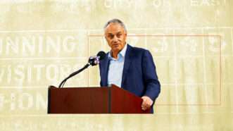 MLB Commissioner Rob Manfred standing at a lectern with a microphone. His image is cut out and placed on a sepia-toned background of a manual baseball scoreboard. | Illustration: Eddie Marshall | Tampa Bay Times | ZUMA Press | Newscom | Andreblais | Dreamstime.com