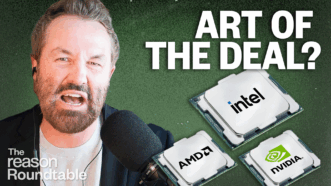 Peter Suderman speaks into a black microphone against a green background. To the right, three computer chips are labeled with the logos of Intel, AMD, and Nvidia. Large white text above the chips reads “ART OF THE DEAL?” | Illustration: Eddie Marshall