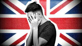 A man holds his head in his hands against a backdrop of the red, white, and blue British flag. | Illustration: Eddie Marshall | Kiosea39 | Vlad Ivantcov | Dreamstime.com