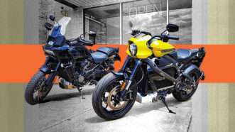 Two motorcycles against a gray, green, and orange background | :37 Illustration: Eddie Marshall | Ride Local Dream Global | Mike Mekinda | Wikimedia Commons