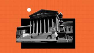 An orange background with the U.S. Supreme Court building in black and white in the center | Illustration: Eddie Marshall | Steelyk | Dreamstime.com