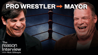 Nick Gillespie is on the left laughing in a black jacket. Glenn Jacobs is on the right laughing in a brown jacket. A wrestling ring corner with red ropes is in the background. Bold text at the top reads ‘PRO WRESTLER → MAYOR,’ with ‘The Reason Interview with Nick Gillespie’ logo in the bottom left." | Illustration: Eddie Marshall