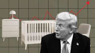 Illustration of President Donald Trump in front of pieces of furniture and an upward trending graph | Illustration: Eddie Marshall | Al Drago | Pool via CNP | MEGA | RSSIL | Newscom