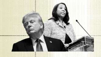 Black and white photos of Trump and Lisa Cook against a beige background | Illustration: Eddie Marshall | Aaron Schwartz | Pool via CNP | picture alliance | Consolidated News Photos | Newscom | Brookings Institution