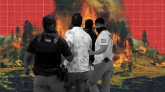 Immigration agents detaining men | Illustration: Eddie Marshall | Michael Pettigrew | | Dreamstime.com | John Lamparski | Sipa USA | Newscom | Midjourney