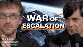Pablos Holman on the left and Nick Gillespie on the right speaking into microphones, with an image of a space station and solar panels in the background. Bold text in the center reads “WAR OF ESCALATION.” | Illustration: Eddie Marshall
