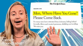 Emily Jashinsky raises her hand in front of a bright blue background with streaks of light. Next to her is a New York Times headline that reads, “Men, Where Have You Gone? Please Come Back,” with the subheading describing men retreating from intimacy and engagement. | Illustration: Eddie Marshall