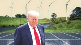 President Donald Trump in front of wind farms | Illustration: Eddie Marshall | BiancoBlue | Dreamstime.com | Samuel Corum | UPI | Newscom