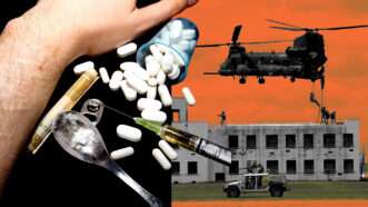 Drugs and drug paraphernalia next to a picture of special forces soldiers | Illustration: Eddie Marshall | EyePress | Newscom | Termis1983 | Dreamstime.com