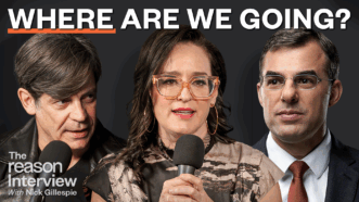 Nick Gillespie on the left and Kennedy in the center hold microphones, while Justin Amash on the right looks toward them. Text at the top reads “WHERE ARE WE GOING?” | Illustration: Adani Samat