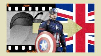 Captain America (Chris Evans) from the Marvel Cinematic Universe. In the background, an arrow depicts a transition from a peach (signifying Georgia) from a Union Jack, the flag of the United Kingdom. | Illustration: Eddie Marshall | Latch | Pholtana Wongsuchart | Jpldesigns | Dreamstime.com | Duche de Cleves | Wikimedia Commons