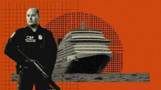 illustration of a CBP agent and cruise ship | Illustration: Eddie Marshall | US Customs and border Josh Denmark | Midjourney