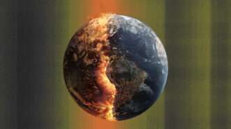 The globe is seen partially engulfed in fire | Illustration: Eddie Marshall | Midjourney