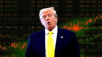 President Donald Trump in a blue suit and yellow tie, against the backdrop of a graph with the numbers going steadily upward. | Illustration: Eddie Marshall | Daniil Peshkov | Dreamstime.com | Yuri Gripas | Pool via CNP | CNP | Polaris | Newscom