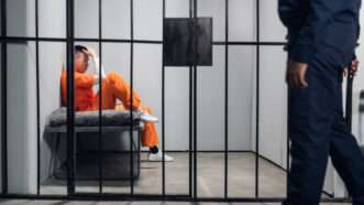 A prison guard patrols outside a cell occupied by a male inmate in an orange jumpsuit. | Anna Kosolapova | Dreamstime.com