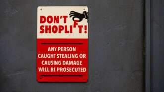 A sign that says "Don't Shoplift! Any person caught stealing or causing damaged will be prosecuted." | Heide Pinkall | Dreamstime.com