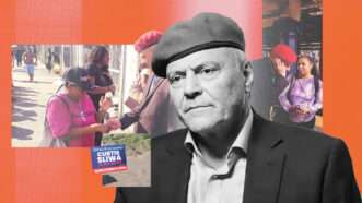 A black and white image of Curtis Sliwa in the foreground, an orange background, and campaign photos across the image | Illustration: Eddie Marshall | Kevin Alexander | Jesse Walker
