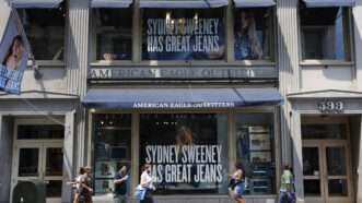 An American Eagle store, with window displays that say "Sydney Sweeney Has Great Jeans." | JOHN ANGELILLO/UPI/Newscom