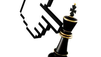 An illustration of a computer cursor finger knocking over a king chess piece | Illustration: klenger/iStock