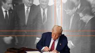 Donald Trump holds a pen over a portfolio with two pieces of paper in it. He's in color but the people surrounding him in the background, also in suits, are in black and white. | Illustration: Eddie Marshall | Photo: Samuel Corum/Sipa USA/Newscom