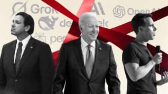 Illustration featuring Joe Biden, Ron DeSantis, and Josh Hawley in front of red tape and AI company logos | Illustration: Eddie Marshall | Gage Skidmore | Wikimedia Commons | Adam Schultz | White Housse Official Photo| Dave Decker| ZUMAPRESS | Newscom | Midjourney