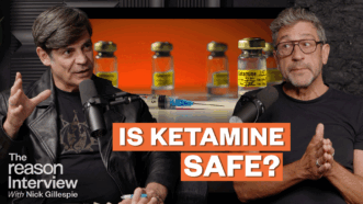 Nick Gillespie on the left and Joe Dolce on the right speaking into microphones, with vials labeled “Ketamine” and a syringe in the background. Bold text in the center reads “IS KETAMINE SAFE?” | Illustration: Eddie Marshall