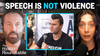 Peter Suderman is on the left with a stern expression, Charlie Kirk is in the center square speaking into a microphone, and Katherine Mangu-Ward is on the right speaking while wearing headphones. Large text at the top reads “SPEECH IS NOT VIOLENCE.” | Illustration: Eddie Marshall