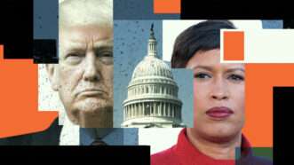 Trump on the left, a picture of the U.S. Capitol building in the middle, and DC Mayor Bowser on the right with black, white, blue, and orange shapes across the image | Illustration: Eddie Marshall | Lorie Shaull | Wikimedia Commons | Midjourney
