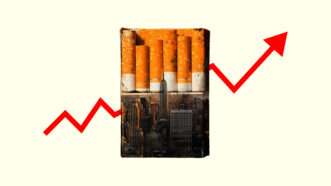 A pale yellow background with a carton of cigarettes and a red arrow pointing upward | Illustration: Eddie Marshall | Songquan Deng | Dreamstime.com | Midjourney