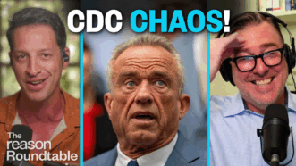 Zach Weissmueller is on the left, speaking into a microphone. In the center is RFK Jr., looking ahead with a serious expression. On the right, Matt Welch smiles while adjusting his glasses and speaking into a microphone. Bold white and blue text at the top reads “CDC CHAOS!” | Illustration: Eddie Marshall