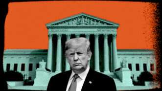 A photo of Donald Trump in front of an image of the Supreme Court building | Illustration: Eddie Marshall | NATO North Atlantic Treaty Organization | Flickr | Midjourney