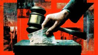 A red background with several multi-colored panels with a hand placing a ballot into a ballot box and a gavel in the foreground | Eddie Marshall | Midjourney