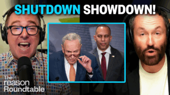 Matt Welch on the left and Peter Suderman on the right. In the center box, Chuck Schumer speaks at a podium while Hakeem Jeffries stands behind him. Bold text at the top reads “SHUTDOWN SHOWDOWN!” | Illustration: Eddie Marshall