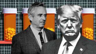 Pill bottles in the background, black and white images of RFK Jr. and Donald Trump in the foreground | Illustration: Eddie Marshall | Gage Skidmore | Flickr | Midjourney
