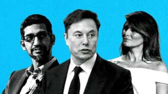 Black and white potographs of Sundar Pichai, Elon Musk, and Melania Trump are superimposed over an electric blue background. | Illustration: Eddie Marshall | Defense Visual Information Distribution Service | World Economic Forum | Flickr