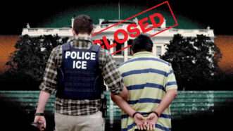 The White House in the background, an ICE agent leading a handcuffed man in the foreground, and the word CLOSED stamped in red across the image | Illustration: Eddie Marshall | Defense Visual Information Distribution Service | picryl | Midjourney