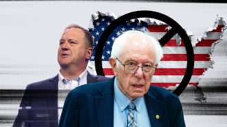 Missouri Senator Eric Schmitt and Vermont Senator Bernie Sanders | Illustration: Eddie Marshall | Gage Skidmore | Wikimedia Commons | BONNIE CASH | UPI | Newscom
