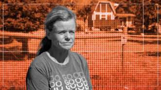 A woman in black and white, wearing a t-shirt that says "DO GOOD," stands far in front of a large lawn and home in the background, which are tinted in orange. | Illustration: Eddie Marshall | Photo: Mattha Busby