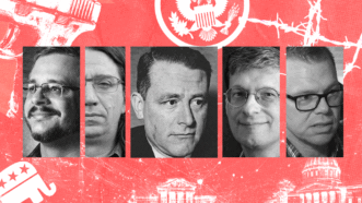 Illustration featuring (left to right) Auron MacIntyre, Curtis Yarvin, Carl Schmitt, Yoram Hazony, and Darryl Cooper | The Auron Macintyre Show, Tucker Carlson / YouTube, Illustration by Adani Samat