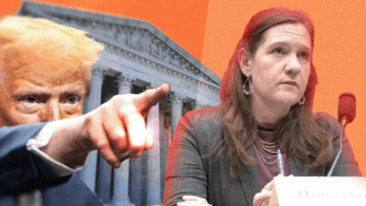 Trump on the left, FTC commissioner Rebecca Slaughter on the right, and the Supreme Court building against an orange background | Credits: Adani Samat, Mattie Neretin/Sipa USA/Newscom, Remko de Waal/ANP/Newscom