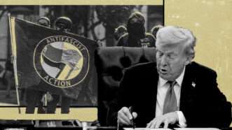President Donald Trump signing an executive order, with Antifa protesters in an inset image. | Illustration: Eddie Marshall | Imagespace | ZUMA Press | CNP | AdMedia | SIPA | Newscom