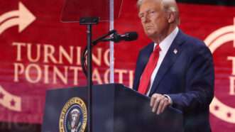 President Donald Trump speaking at Charlie Kirk's memorial service in Glendale, Arizona. | Gage Skidmore/ZUMAPRESS/Newscom