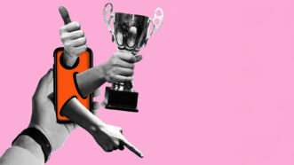 In illustration of a phone with hands popping out of it; one of them is giving a thumbs up and another is holding a trophy | Illustration: Joanna Andreasson Source images: iStock
